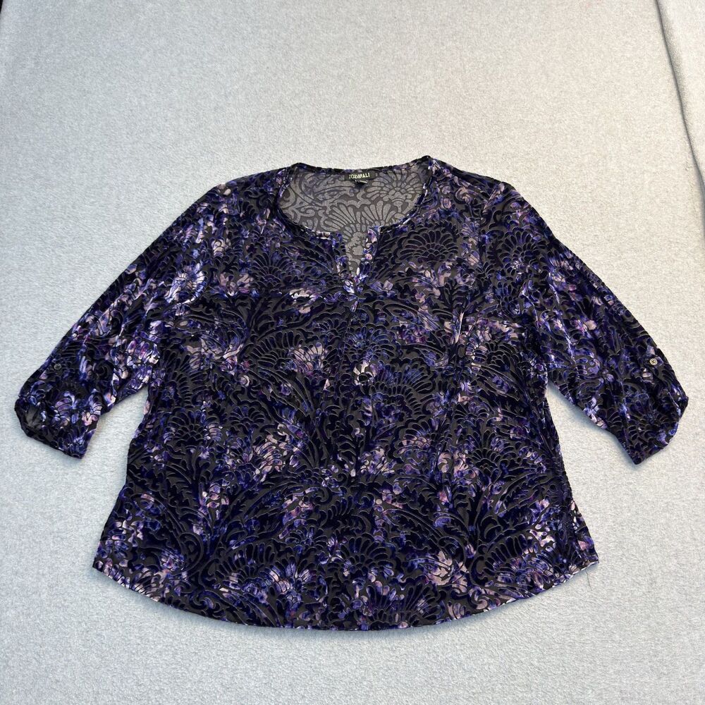 Roz Ali Shirt Womens 3X Black Purple 3/4 Sleeve Abstract Floral V Neck Velvet